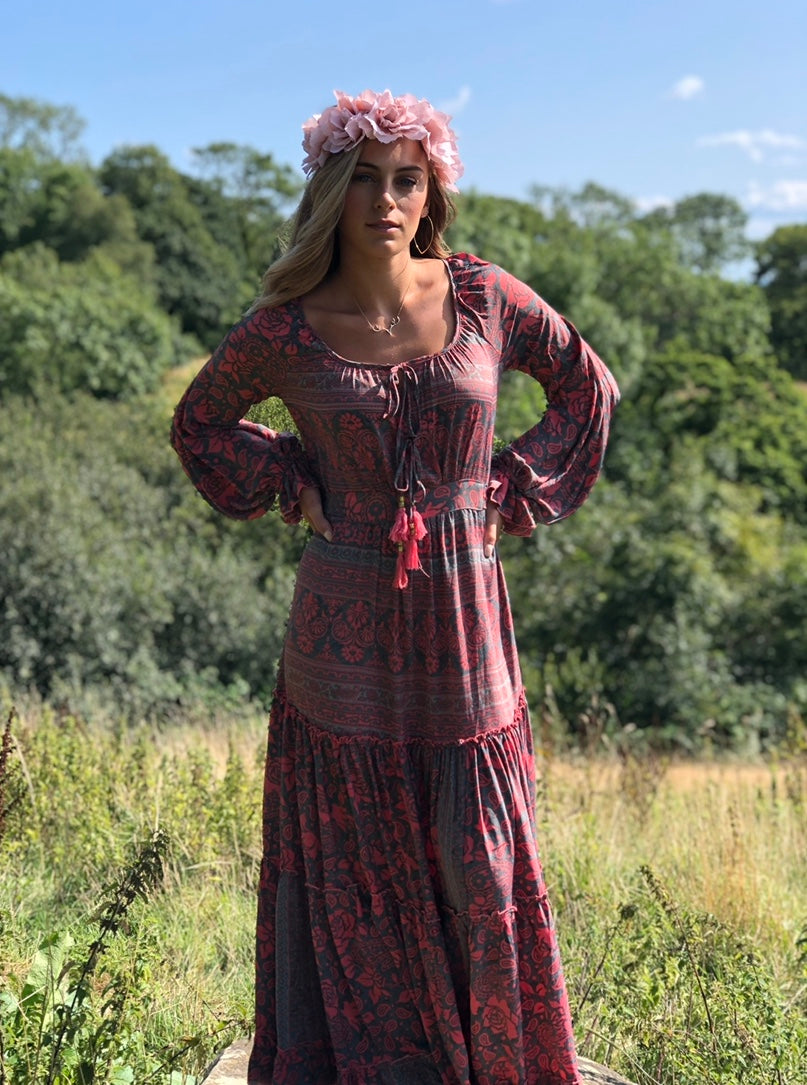 silk boho dress Butterfly Bell Sleeve Maxi Dress Silk Boho Fairy Dress | 70s Inspired | Orange or Pink Paisley